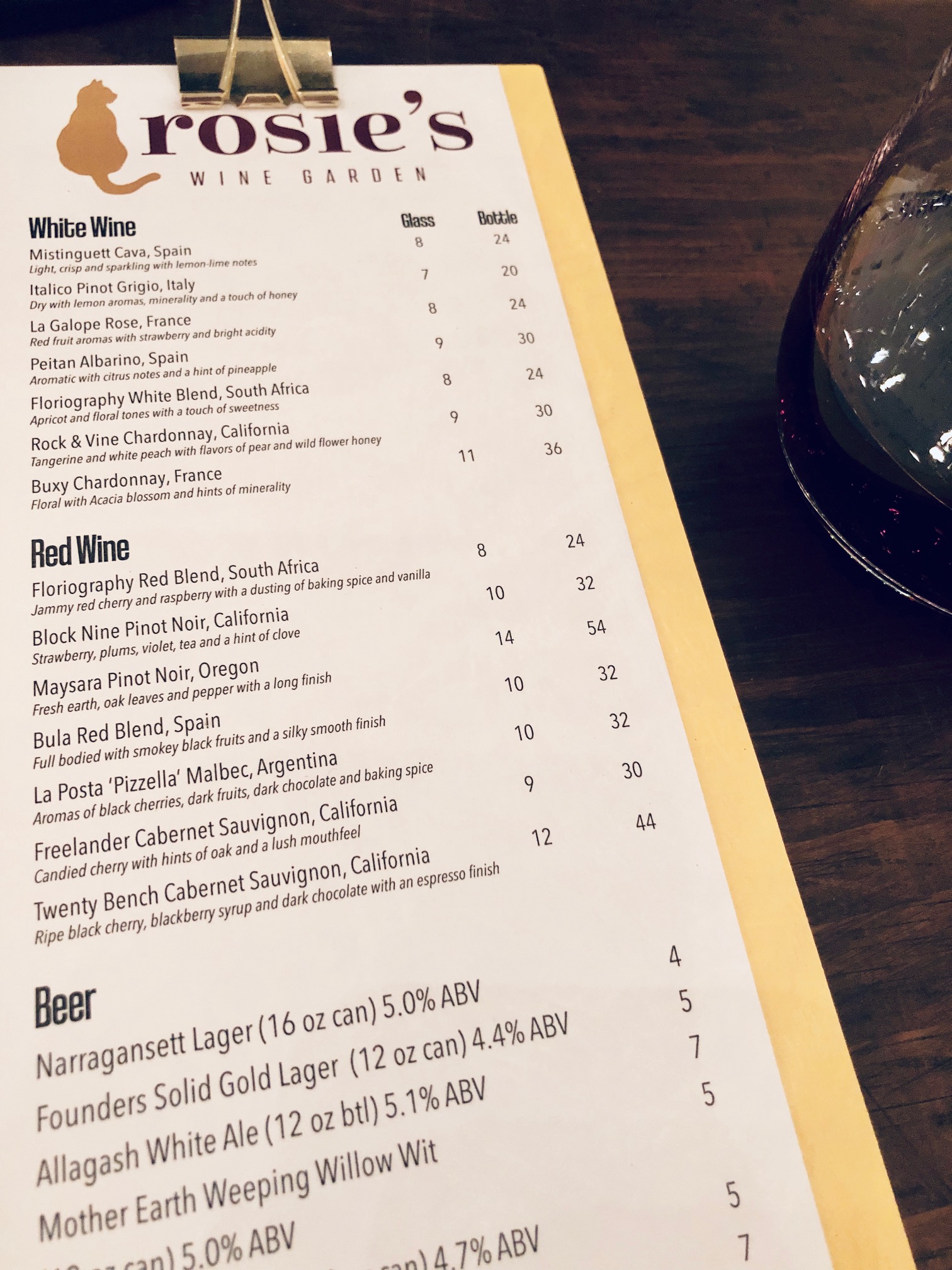 Rosie's Wine Bar wine list