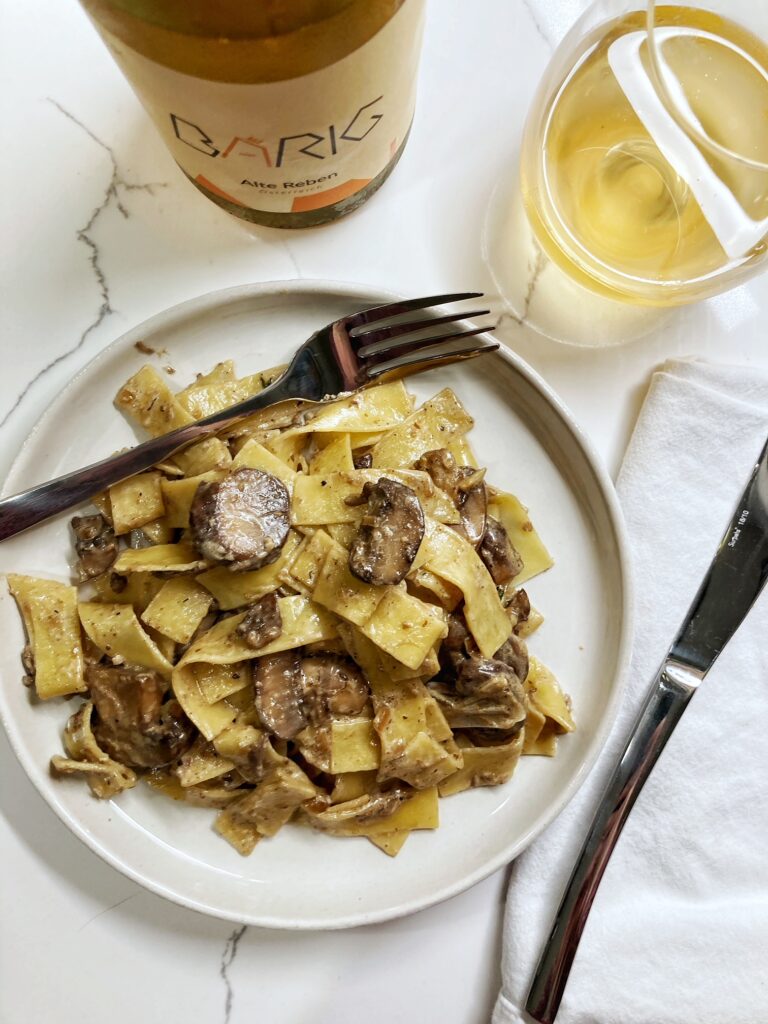 vegetarian mushroom stroganoff with orange wine
