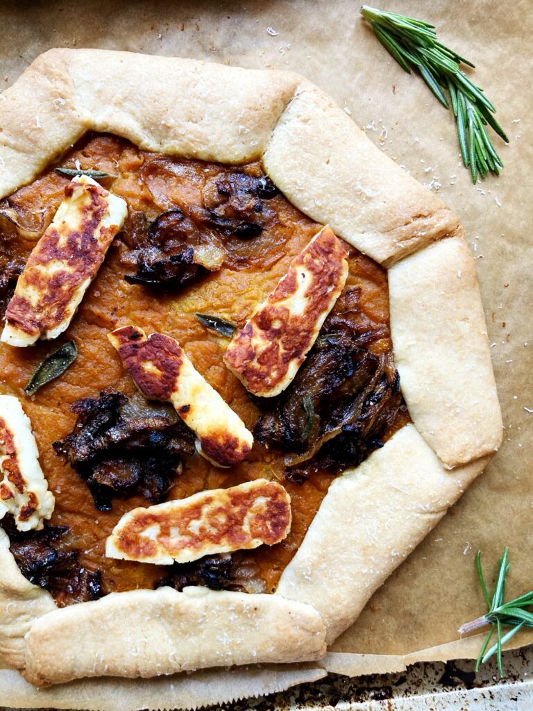 savory pumpkin galette with halloumi