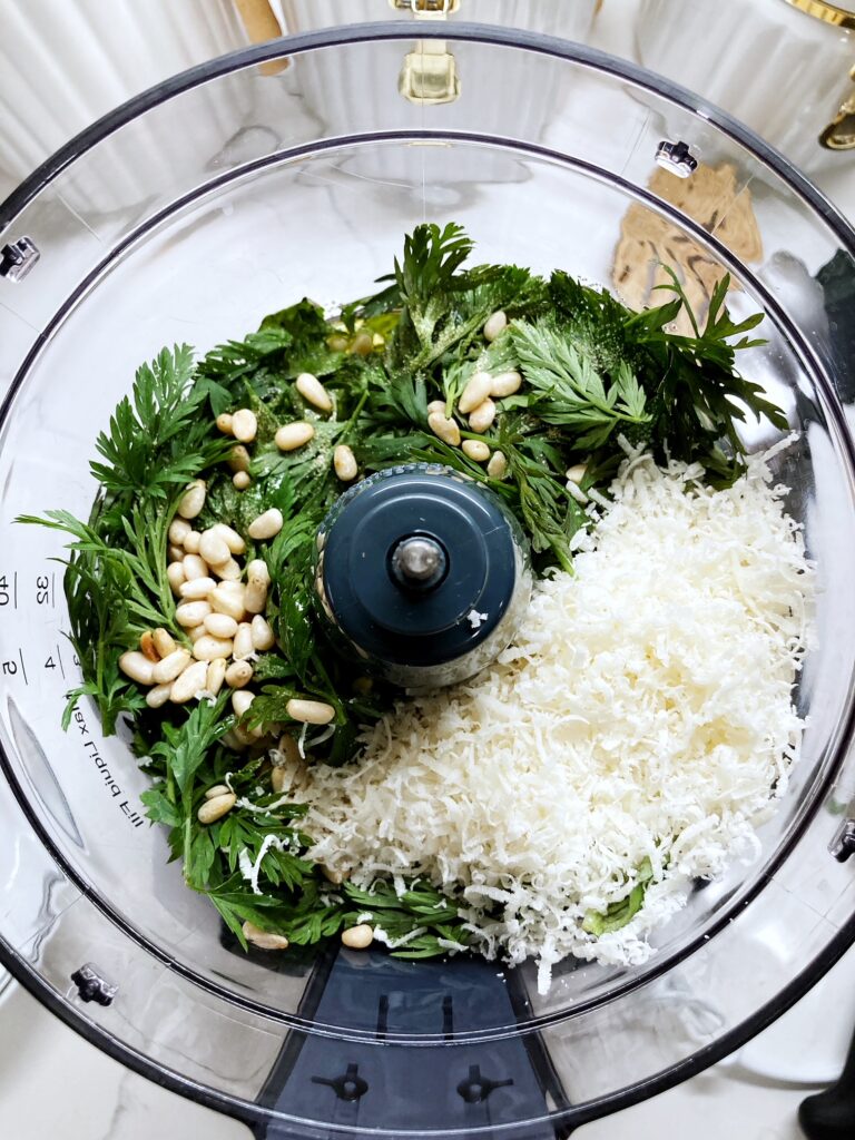 pesto ingredients in food processer