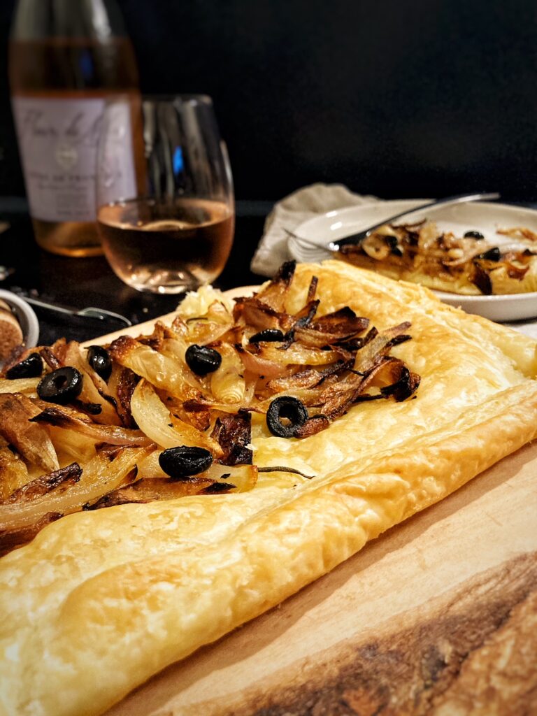 savory onion tart with rose wine