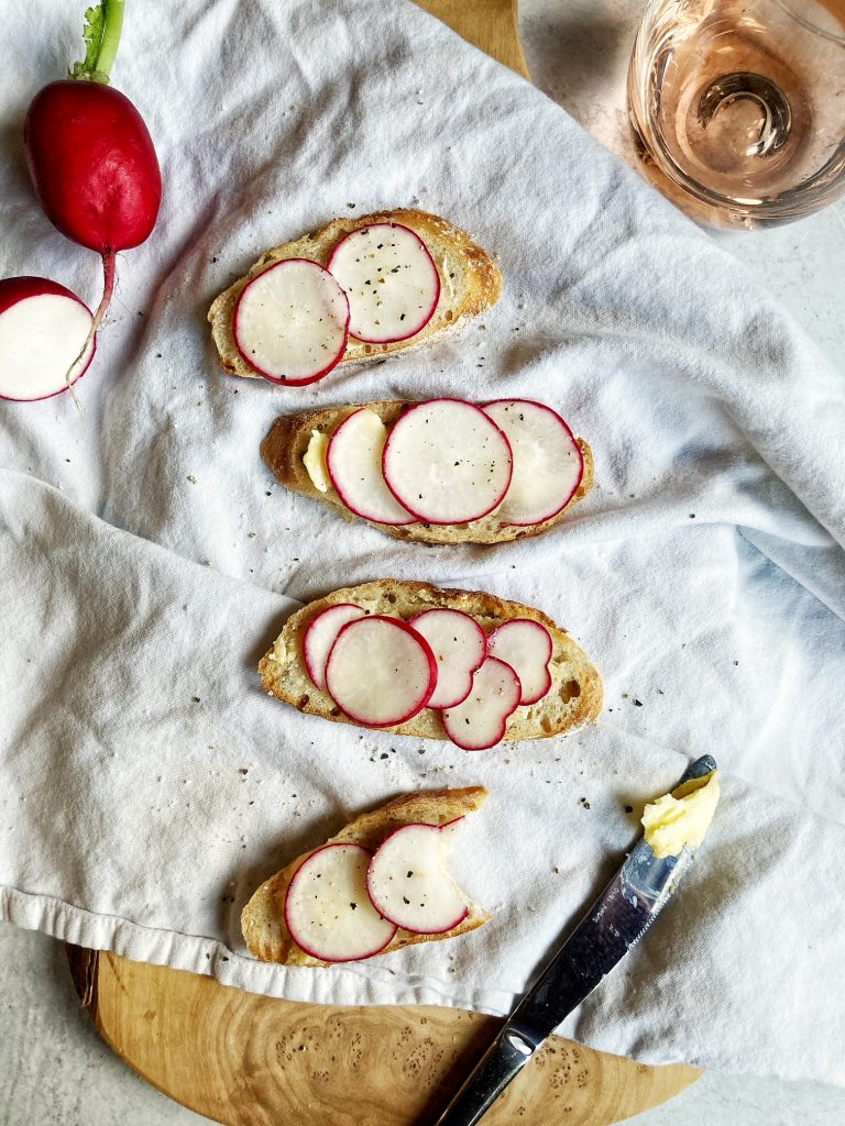 Radish and Butter Tartine with Rose Wine